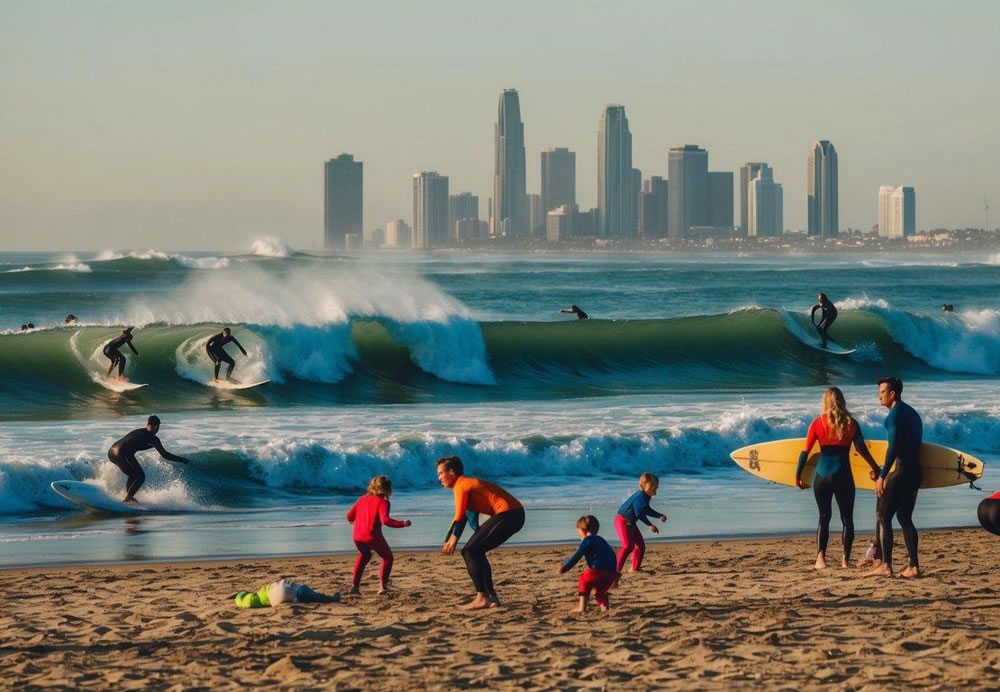 A vibrant beach scene with surfers catching waves, families playing in the sand, and the iconic outline of the San Diego skyline in the background
