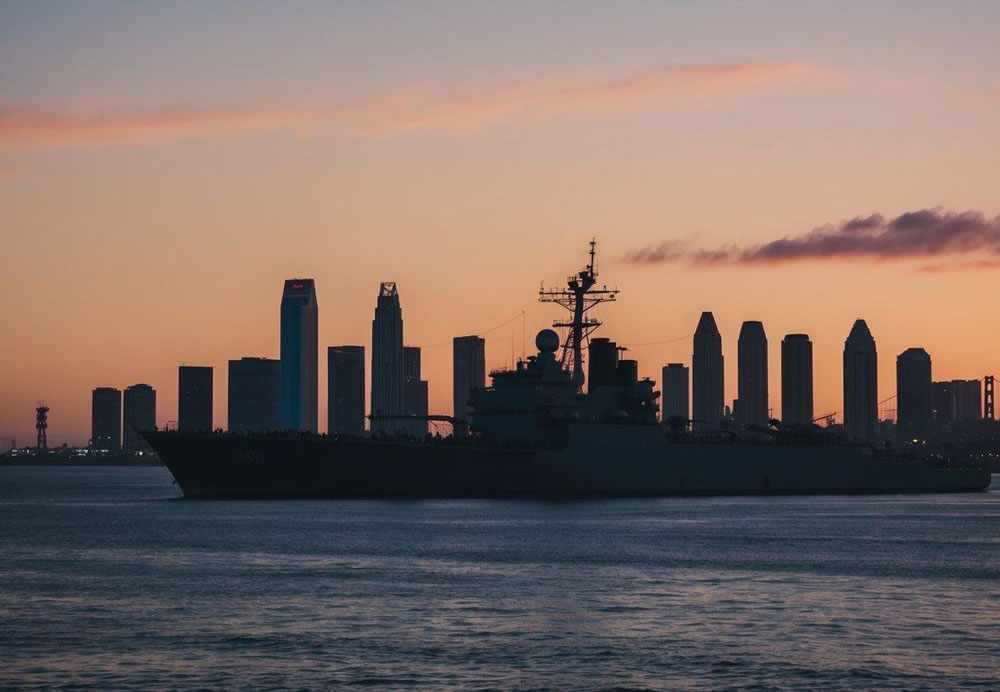 The San Diego skyline at sunset, with the silhouette of the iconic USS Midway Museum and the historic Hotel del Coronado in the background