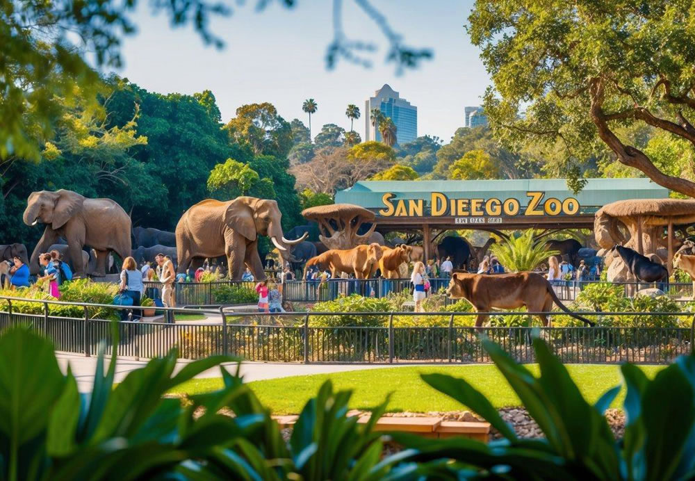 A vibrant and bustling scene of the iconic San Diego Zoo, with various animal exhibits and lush greenery