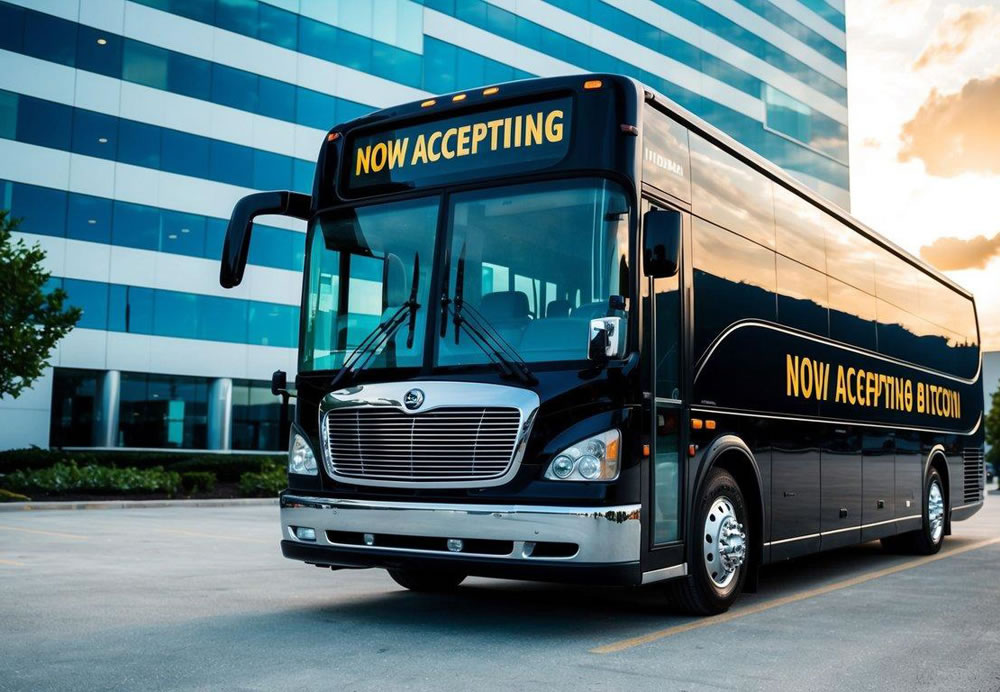 A luxurious tour bus parked in front of a modern office building, with a sign displaying "Now Accepting Bitcoin" prominently displayed