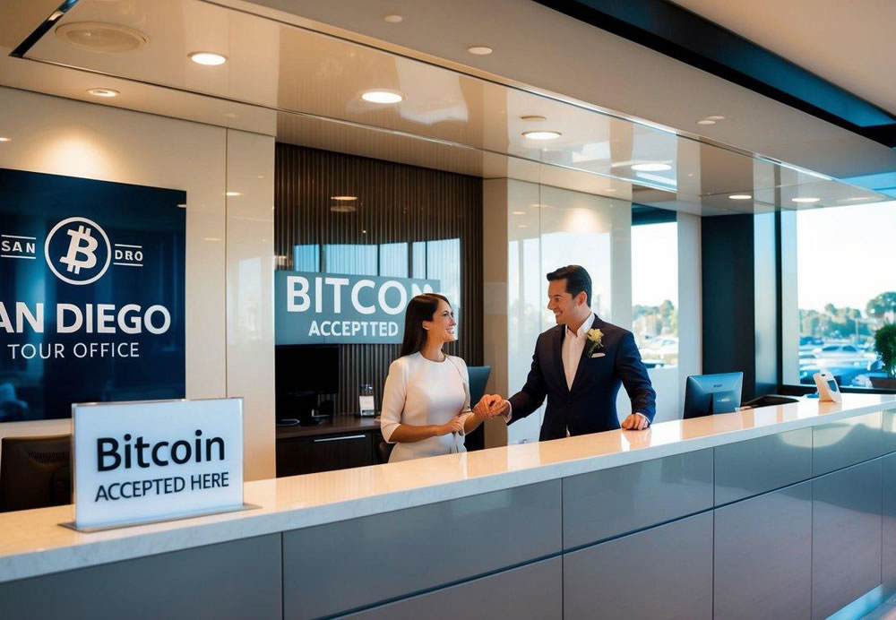 A luxurious San Diego tour office with a sleek, modern interior. A sign at the counter reads "Bitcoin Accepted Here." A couple in elegant attire approaches the desk to book a tour