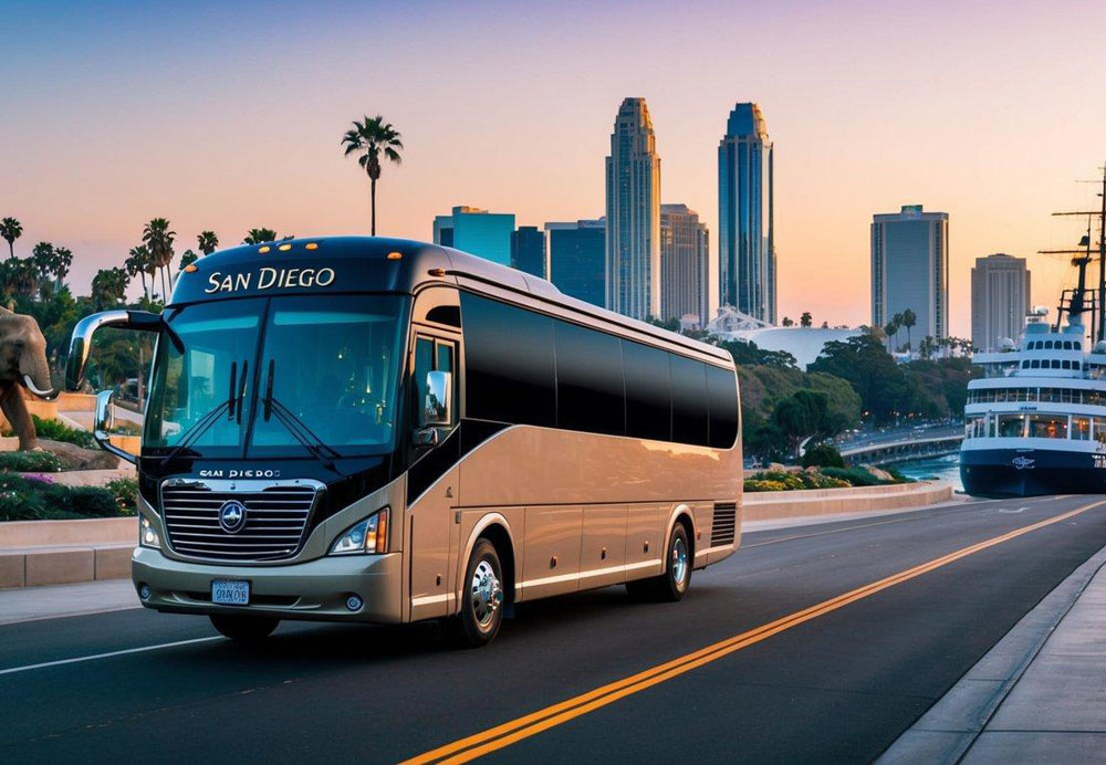 A luxury charter bus winds through San Diego, passing by famous attractions like the San Diego Zoo, Balboa Park, and the USS Midway Museum
