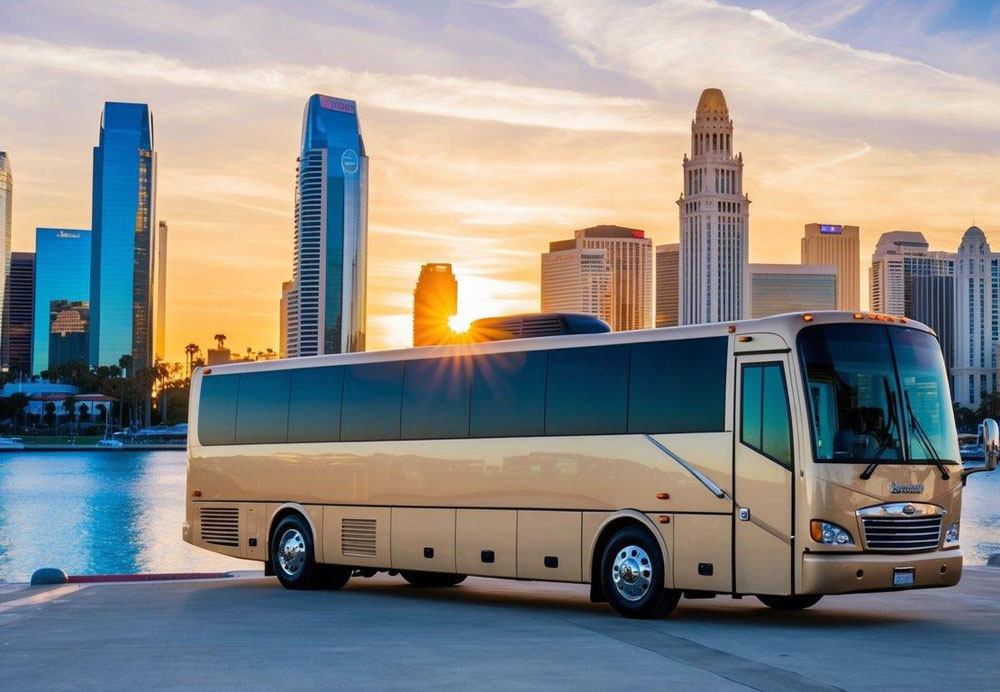 A luxury charter bus parked in front of iconic San Diego landmarks