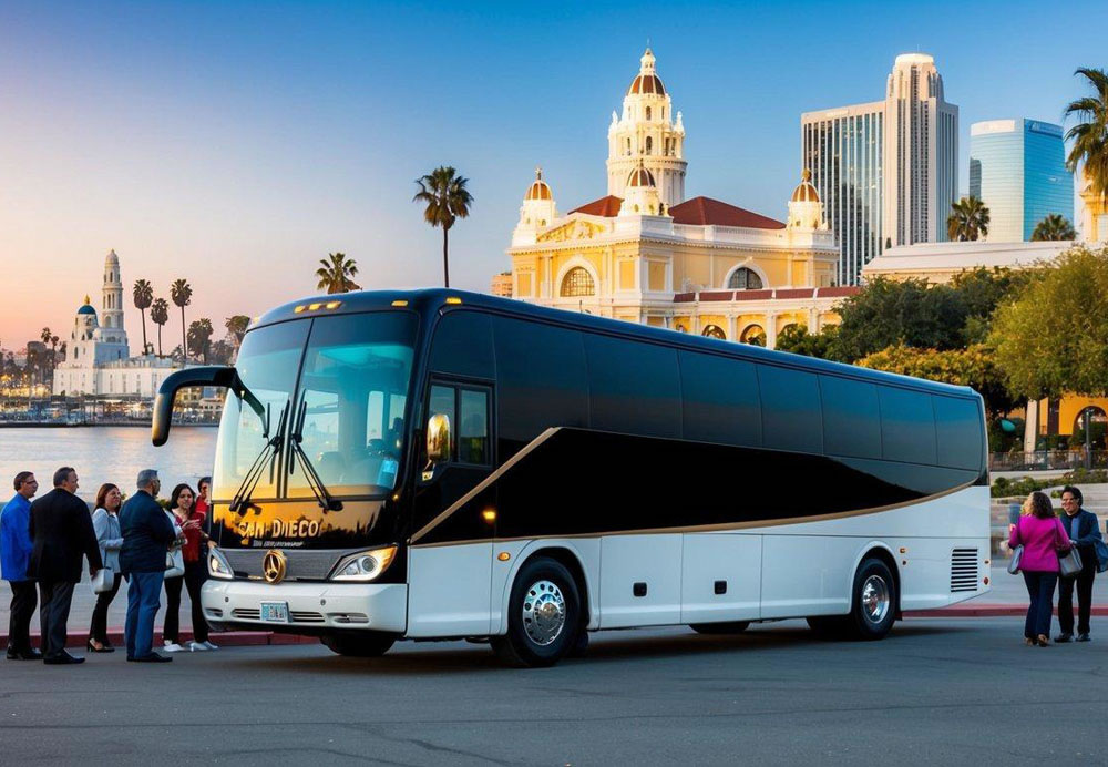 A luxury charter bus parked in front of San Diego's iconic landmarks, with diverse tour groups disembarking for sightseeing