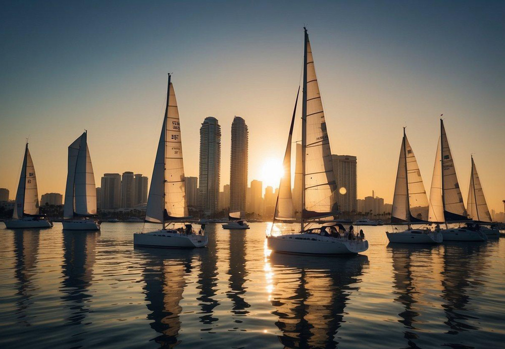 Sailing boats glide across the sparkling waters of San Diego Bay, with the iconic skyline in the background and the sun setting behind the city