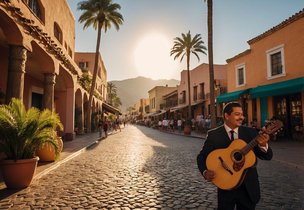 Colorful adobe buildings line the cobblestone streets. A mariachi band plays in the plaza as tourists explore shops and museums. Palm trees sway in the warm breeze against a backdrop of historic architecture